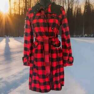 Vintage XOXO Red Black Plaid Wool-Blend Womens M Babydoll Zebra Lining Pea Coat